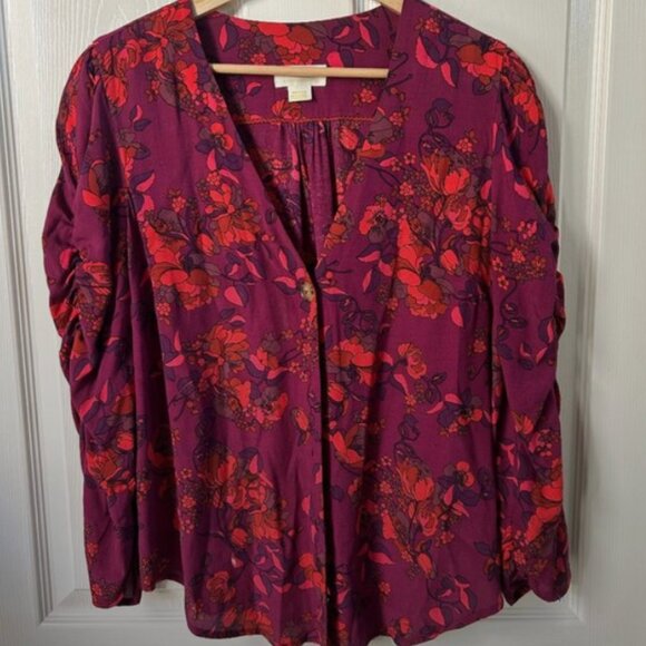 Maeve by Anthropologie Jourdain Runa Floral Blouse SZM Pink Multi Ruched Arm - Picture 1 of 10